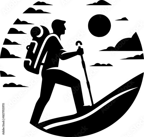Black and white vector icon of a hiker with backpack walking uphill, clean line art style ideal for logos or brands