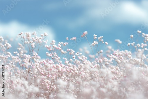 Delicate field of small, pastel-pink and white flowers against a soft blue sky