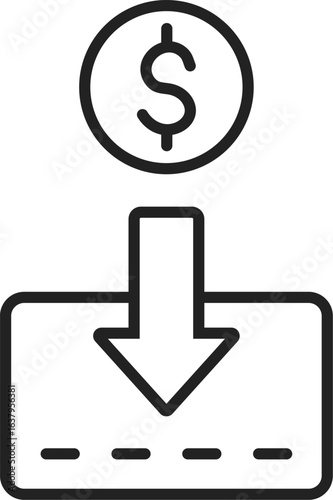 Money Download Icon – Black Outline Symbol for Digital Transactions and Currency Transfer