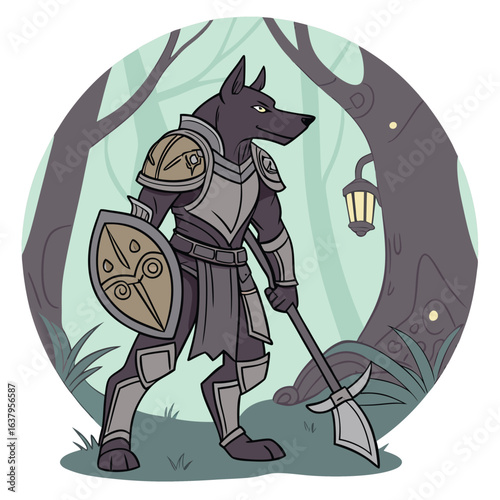 Anthropomorphic wolf knight in a forest glade with a battle axe
