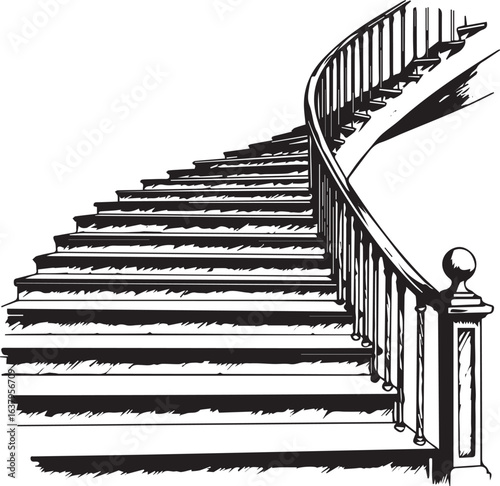 Black and White Sketch of a Grand Curved Staircase with Detailed Banister stairs spiral