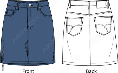 Denim skirt front and back view, CAD drawing, flat vector illustration, fashion design, apparel template, sewing pattern, garment sketch