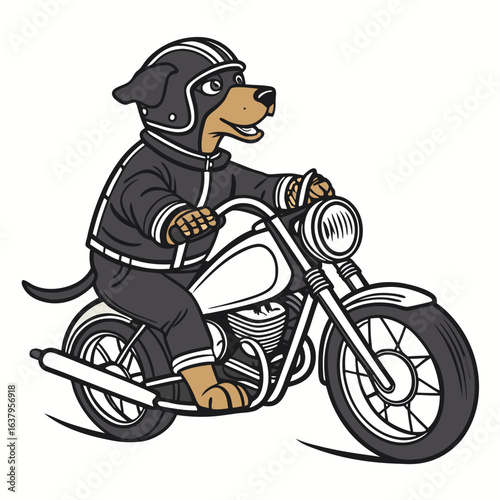 Cartoon dog wearing helmet and jacket rides vintage motorcycle vector illustration