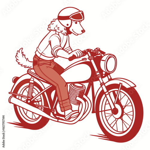 Cool dog riding a vintage motorcycle with a retro racing helmet