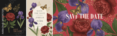 Elegant floral wedding “Save the Date” card set with vintage botanical illustrations, butterflies, and soft romantic colors. Perfect for invitation, announcements, and event stationery.
