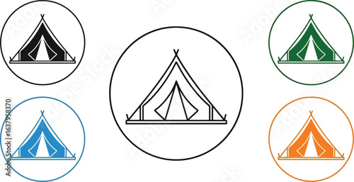 A set of five circular icons depicting a camping tent in various colors and as a simple line art outline.
