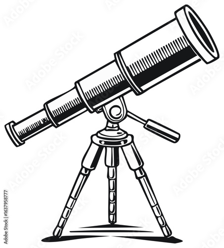 Classic telescope on a tripod stand black and white line art illustration for astronomy and science