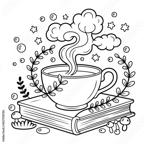 teacup stars, night fantasy, whimsical coloring, kids printable, dreamy theme, detailed line art, magical night: Cute & Cozy Coloring Book for Relaxation and Creativity. Easy, line art vector illustra