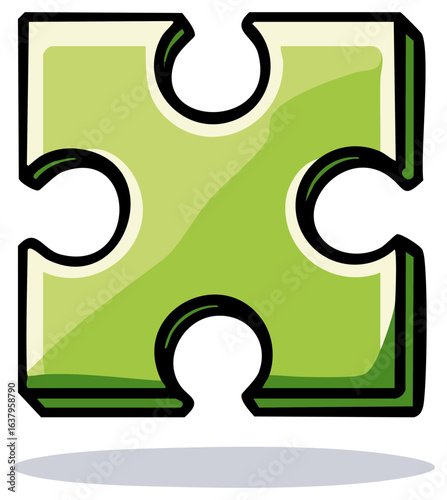 Green Cartoon Puzzle Piece: Symbol for Solutions, Connectivity and Problem Solving on White