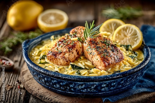 Grilled Salmon with Orzo Pasta  Lemon Sauce Rustic food Delicious meal Closeup.