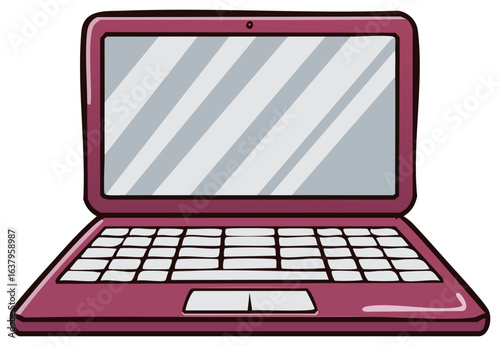 Cartoon illustration of a red laptop computer with keyboard, touchpad and screen.