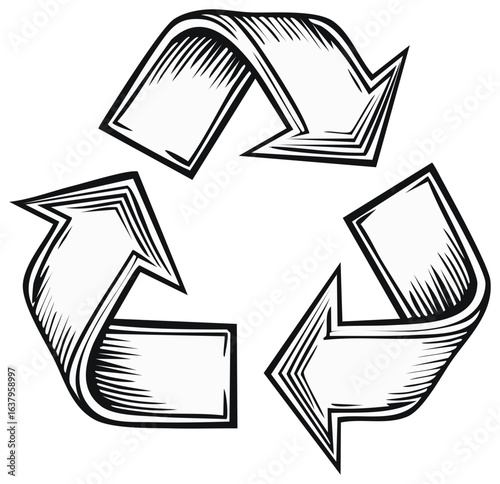 Hand drawn recycle symbol illustration in a vintage etching style for sustainability