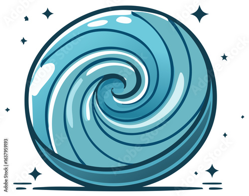 Shiny blue energy orb with swirling patterns and sparkling stars illustration