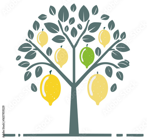 Lemon Tree Illustration with Yellow and Green Citrus Fruit Growing