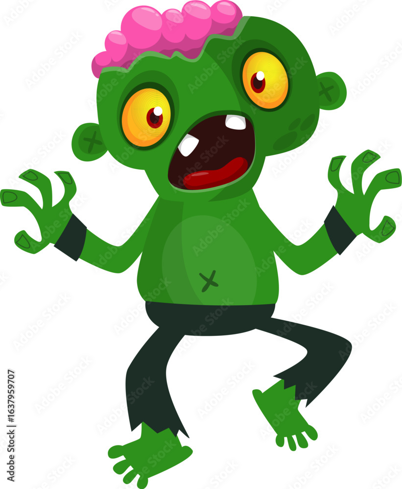 Cartoon funny green zombie. Halloween vector illustration of zombie creature. Cartoon funny green zombie. Halloween vector illustration of zombie creature.