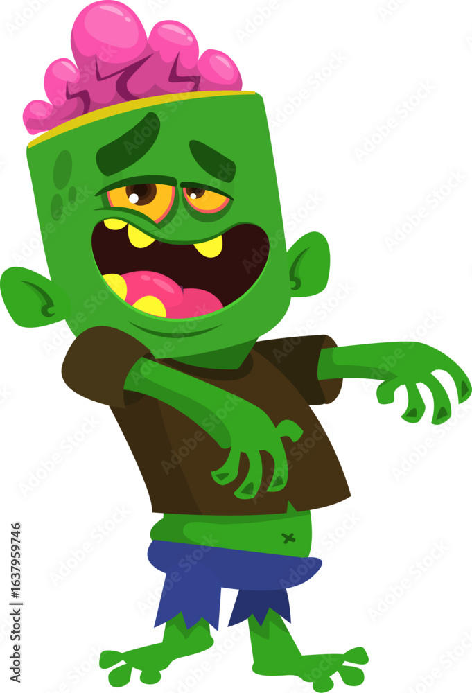 Fototapeta premium Cartoon funny green zombie character design. Halloween monster vector illustration
