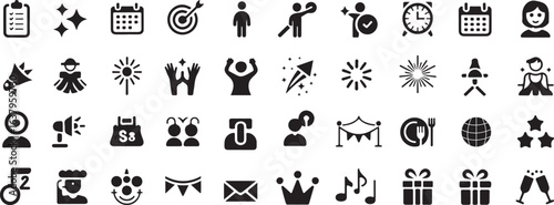 Collection of black celebration and event icons on white background vector