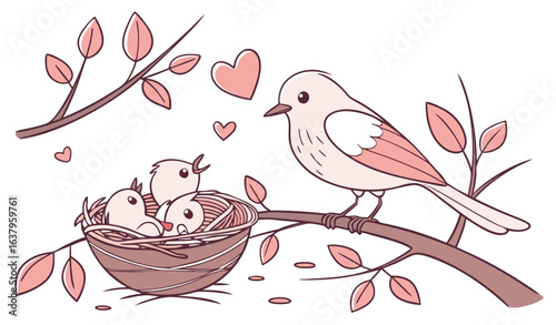 A warm and loving illustration of a mother bird feeding her baby birds in a nest, drawn in smooth and rounded shapes, minimal and friendly style, soft pastel colors, vector logo design, isolated on wh