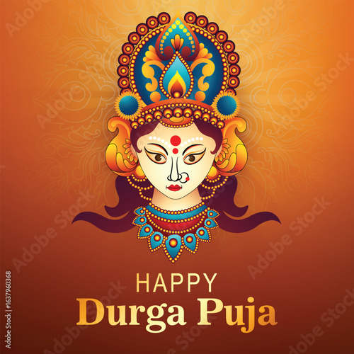 Happy Durga Puja festival card with gold patterned and crystals on paper color Background.
