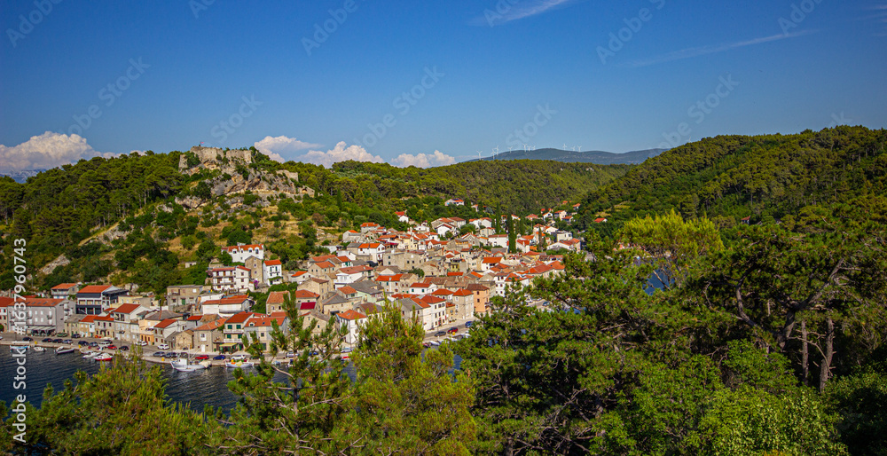Fototapeta premium Dalmatian village of Novigrad aerial view, Croatia