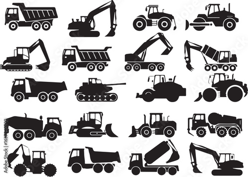 Collection of black construction and agricultural vehicle silhouettes construction vehicles heavy machinery