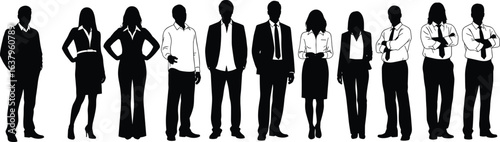 Silhouettes of diverse business professionals, standing in formal attire, ideal for corporate presentations, marketing visuals, teamwork, office branding, strategy