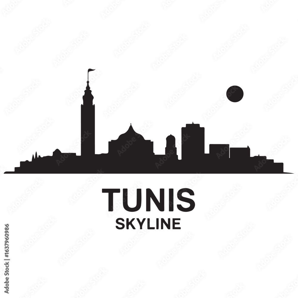 Fototapeta premium Tunis skyline, monochrome silhouette. Vector illustration. Vector black silhouette. with white background.