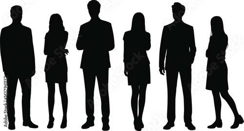 Silhouettes of confident business people standing together, professional team, leadership, corporate group, teamwork, diversity, unity, collaboration, success, formal dress, office workers.
