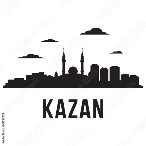 Kazan skyline, monochrome silhouette. Vector illustration. Vector black silhouette. with white background.