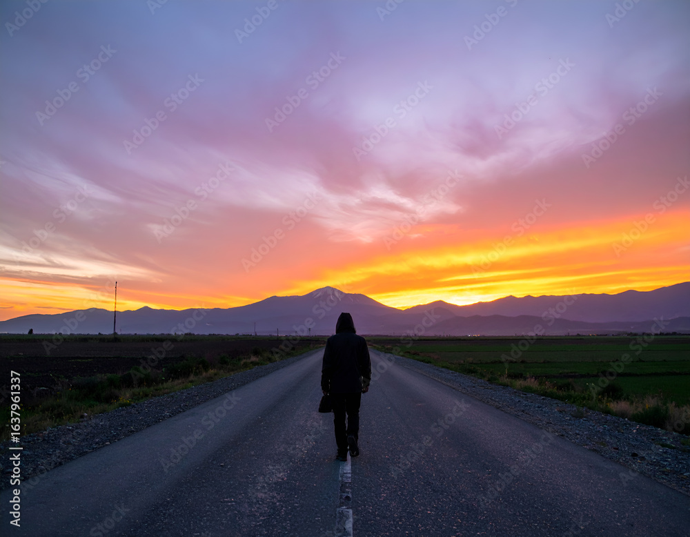 Obraz premium Silhouette of a person walking alone on an empty road at sunset, evoking solitude and reflection. Generative AI