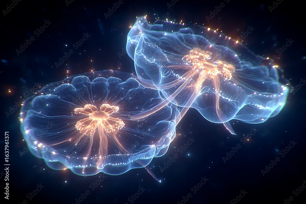 Obraz premium Luminescent jellyfish with neon glow, digital art, deep sea, abstract, and underwater.