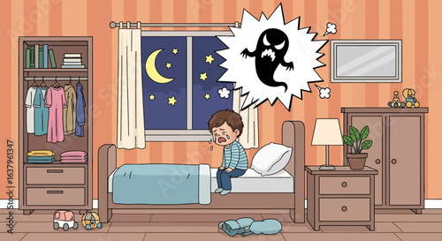 Adobe Illustrator artwork vector illustration of a child imagining a ghost in a cozy bedroom at night, with moonlit window, furniture, and playful decor—ideal for storytelling and lifestyle themes