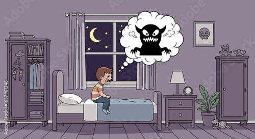 Adobe Illustrator artwork vector illustration of a child imagining a ghost in a cozy bedroom at night, with moonlit window, furniture, and playful decor—ideal for storytelling and lifestyle themes