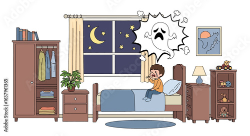 Adobe Illustrator artwork vector illustration of a child imagining a ghost in a cozy bedroom at night, with moonlit window, furniture, and playful decor—ideal for storytelling and lifestyle themes