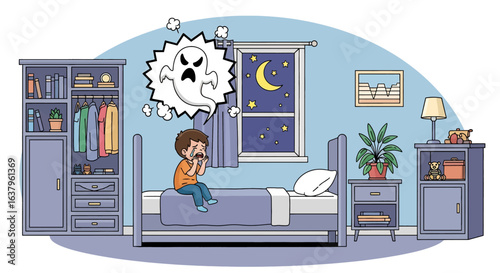 Adobe Illustrator artwork vector illustration of a child imagining a ghost in a cozy bedroom at night, with moonlit window, furniture, and playful decor—ideal for storytelling and lifestyle themes