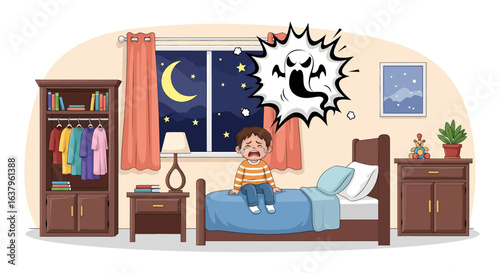 Adobe Illustrator artwork vector illustration of a child imagining a ghost in a cozy bedroom at night, with moonlit window, furniture, and playful decor—ideal for storytelling and lifestyle themes