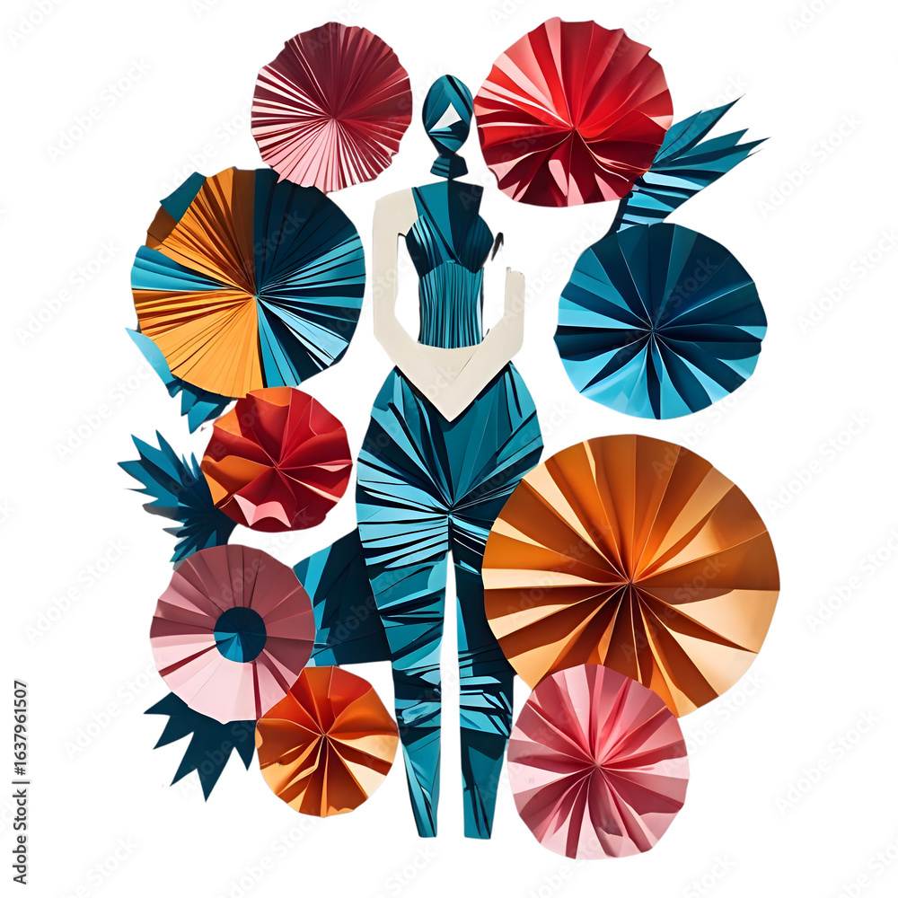 Naklejka premium Abstract Fashion Teal Figure Amidst Colorful Paper Flowers isolated on transparent background Generative AI.