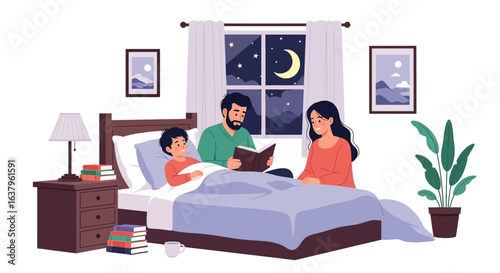 Adobe Illustrator artwork vector illustration of a warm bedtime scene with family reading to a child in a cozy bedroom at night, featuring moonlit window, books, and peaceful decor.