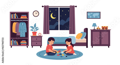 Adobe Illustrator artwork vector illustration of two children playing with puzzles in a cozy bedroom at night, with moonlit window, toys, books, and organized furniture—perfect for parenting and lifes