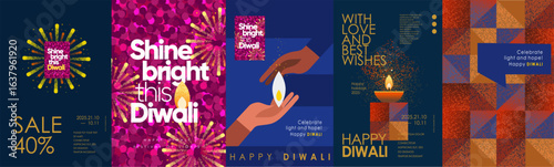 Happy Diwali. Festival of Lights. Vector modern abstract illustration of fireworks, diyas, hands with fire, salute, pattern, festive typography for poster, greeting card, sale flyer or background