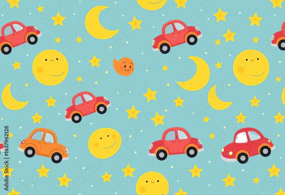 Adorable cartoon cars, moons, and stars create a whimsical seamless pattern , illustration, seamless Adorable cartoon cars, moons, and stars create a whimsical seamless pattern , illustration, seamless