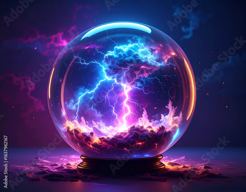 Glowing mystical orb with electric energy, floating in a dark background, fantasy concept. Generative AI