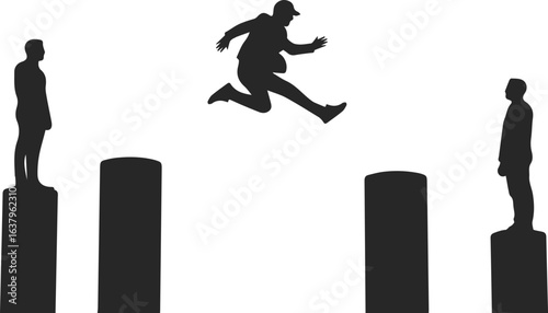 Silhouette of Businessman Jumping to Higher Graph Column Using Springboard for Business Growth and Success