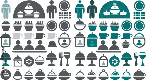 Illustration showcasing a variety of dining and catering related icons in gray and teal colors