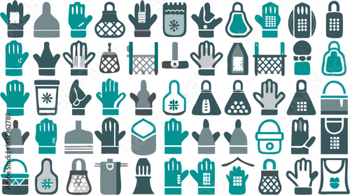Illustration of a diverse collection of gloves, mittens and other hand coverings in teal and gray