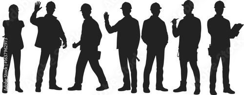 Silhouettes of diverse construction workers and female worker waving, holding tools, wearing safety helmets, teamwork, labor force, industrial professionals, work site.