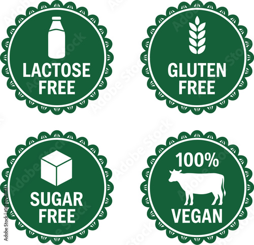 Green Dietary Labels – Lactose-Free, Gluten-Free, Sugar-Free, and 100% Vegan Badges with Icons for Healthy Products