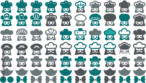 A collection of chef hat icons in various styles and colors arranged in a rectangular grid pattern