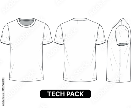 Blank T-shirt fashion design technical flat sketch. Vector illustration of front, back, and side views.
