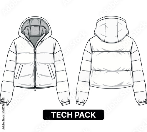 Hooded puffer jacket fashion flat sketch. Technical drawing with front and back view.